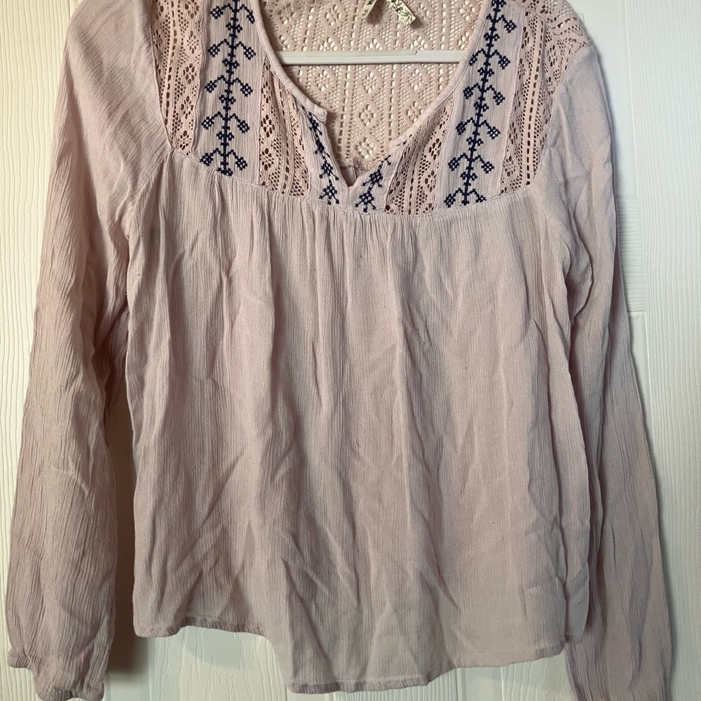 Mudd Light Pink Blouse with Navy Embroidery